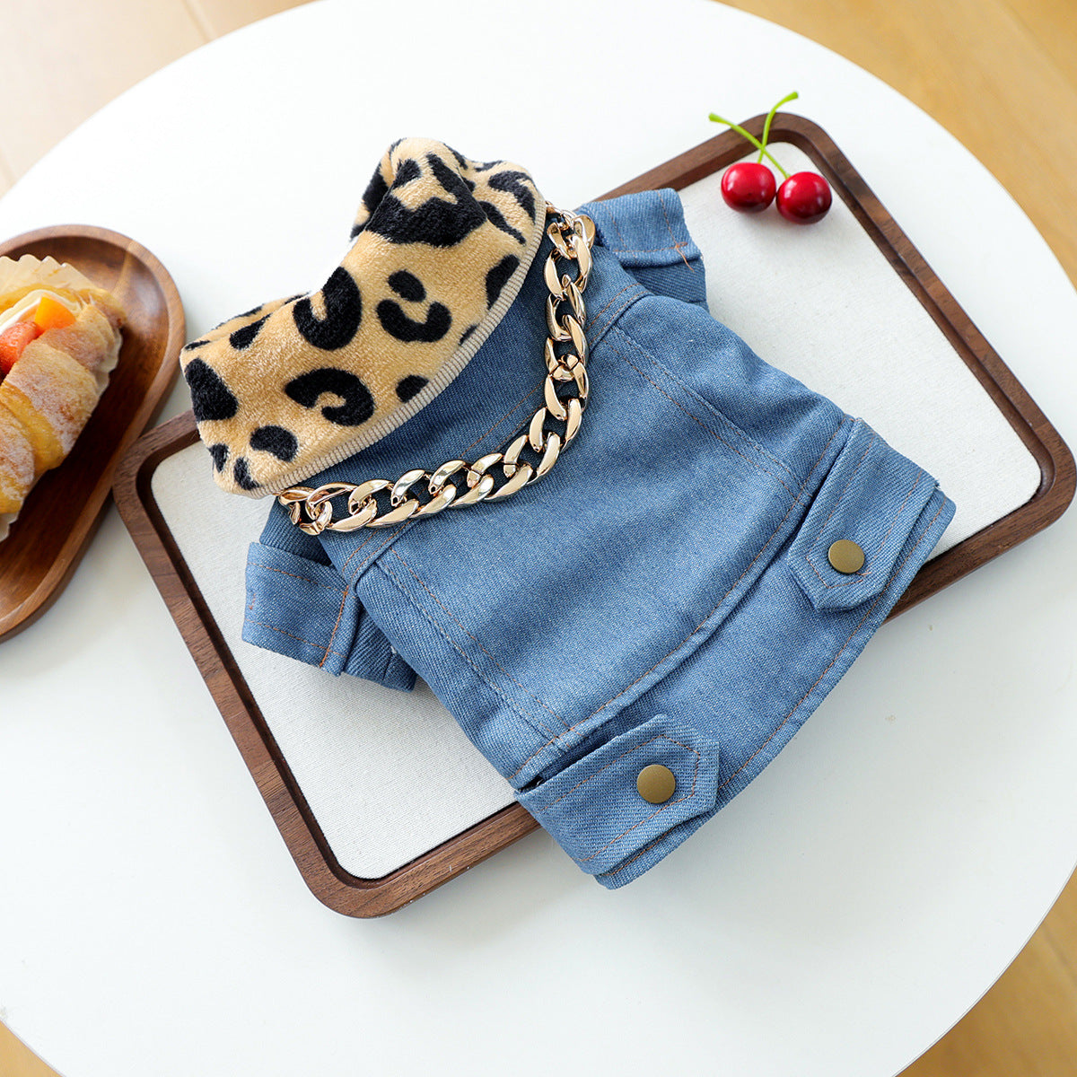 Kumago® Luxe Denim Jacket with Leopard Collar & Gold Chain