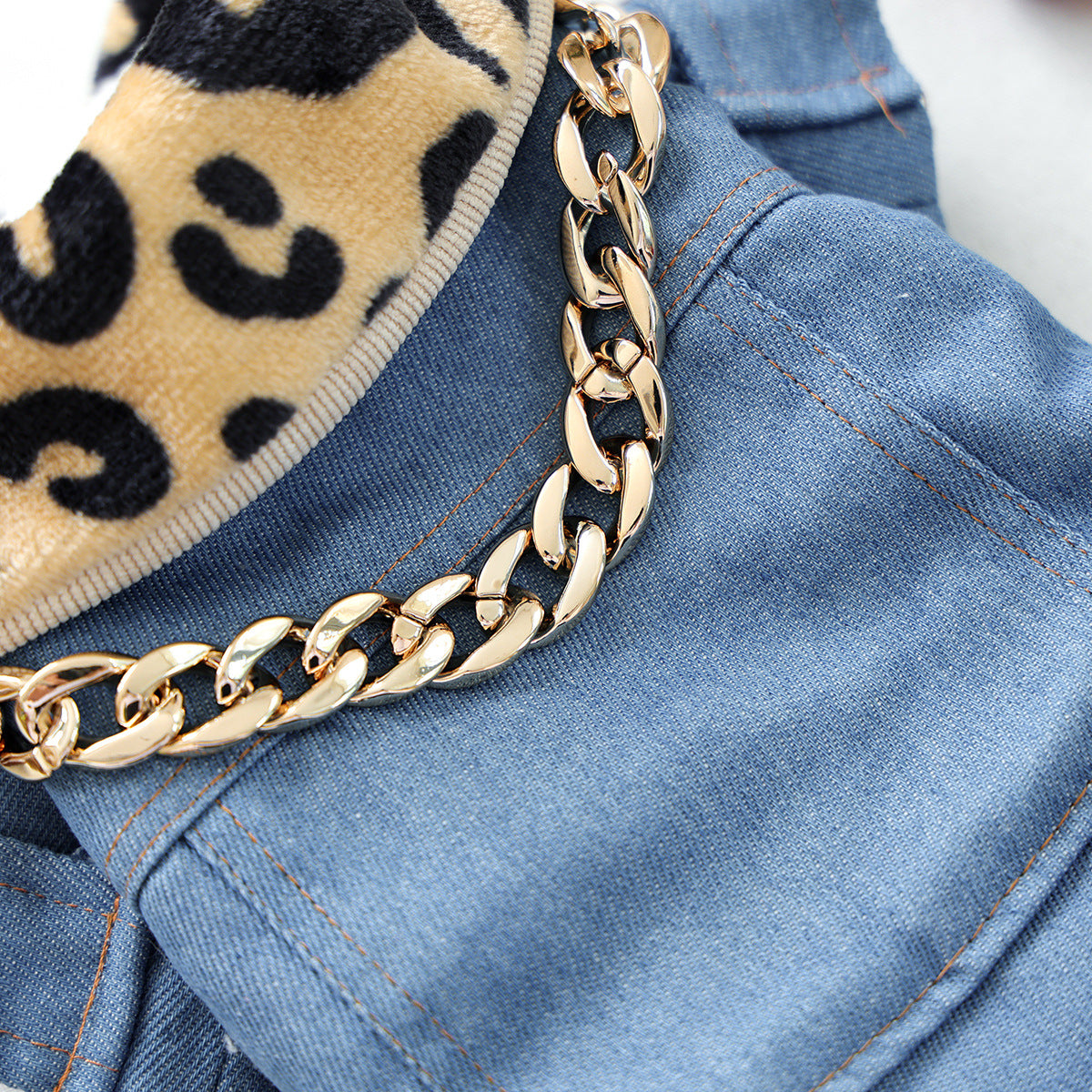 Kumago® Luxe Denim Jacket with Leopard Collar & Gold Chain