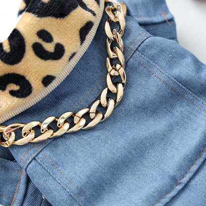 Kumago® Luxe Denim Jacket with Leopard Collar & Gold Chain