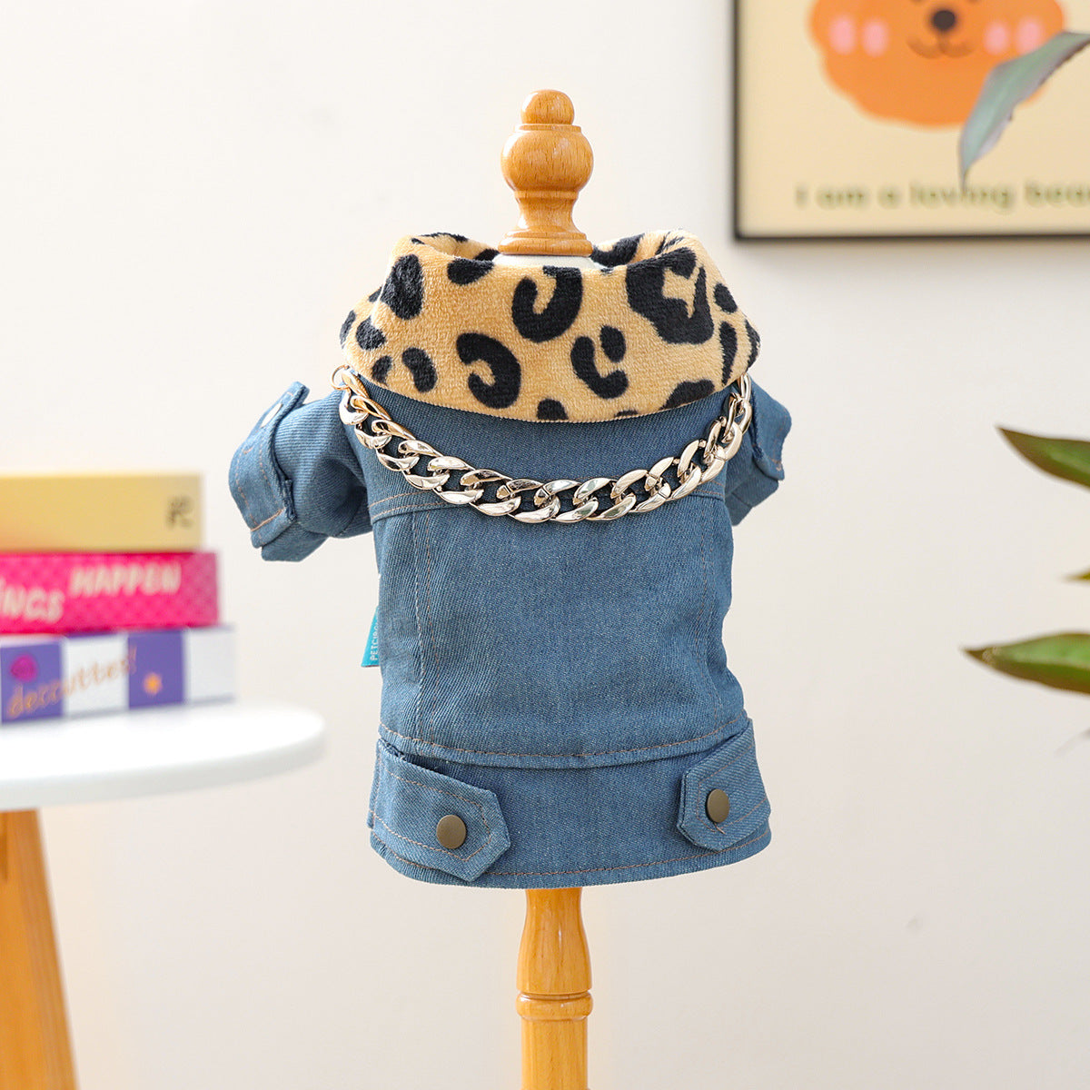 Kumago® Luxe Denim Jacket with Leopard Collar & Gold Chain