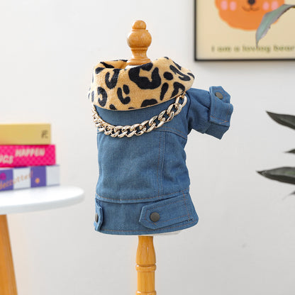 Kumago® Luxe Denim Jacket with Leopard Collar & Gold Chain