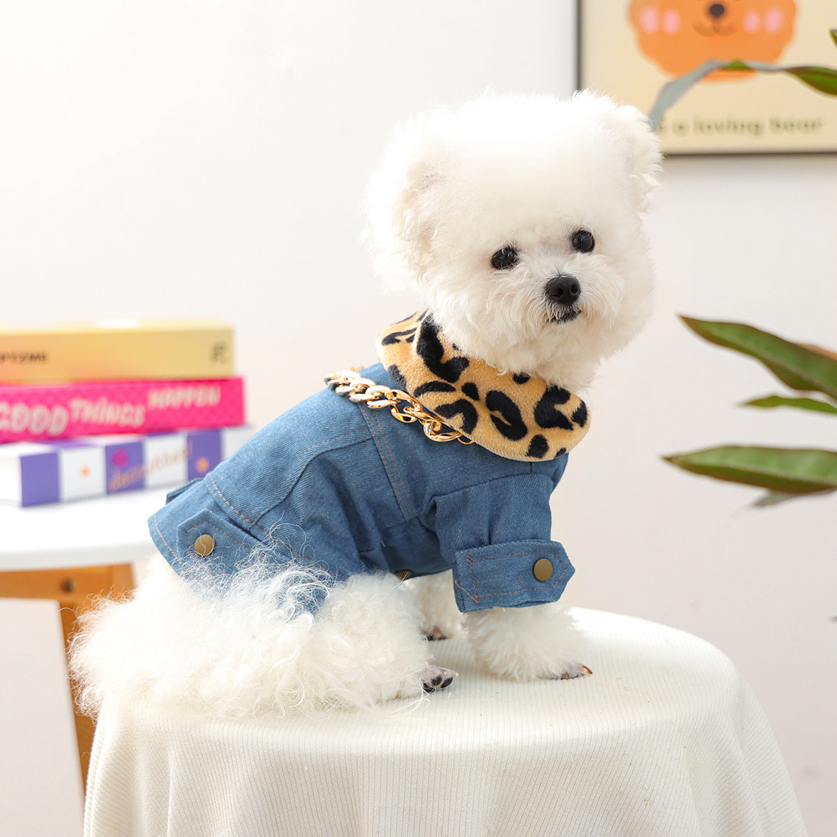 Kumago® Luxe Denim Jacket with Leopard Collar & Gold Chain