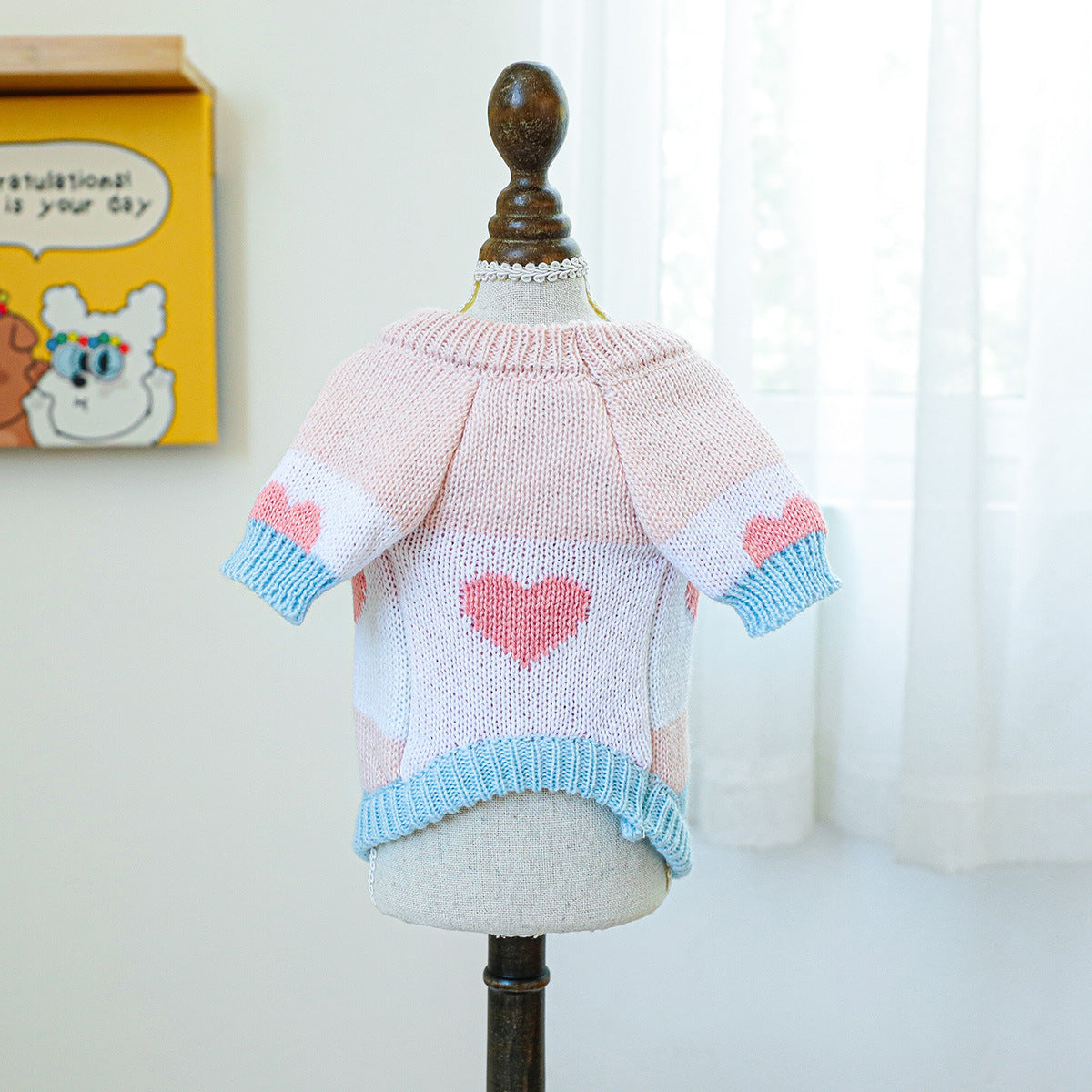 Kumago® Blue-Pink Heart Knit Sweater