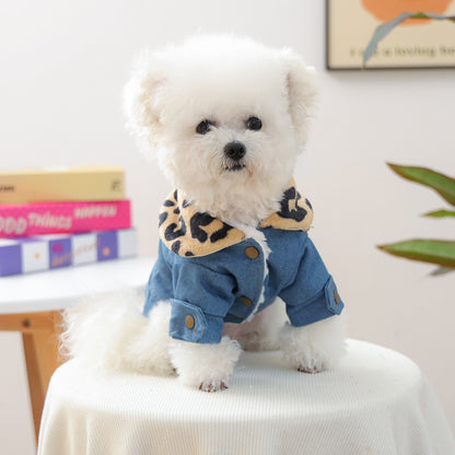 Kumago® Luxe Denim Jacket with Leopard Collar & Gold Chain