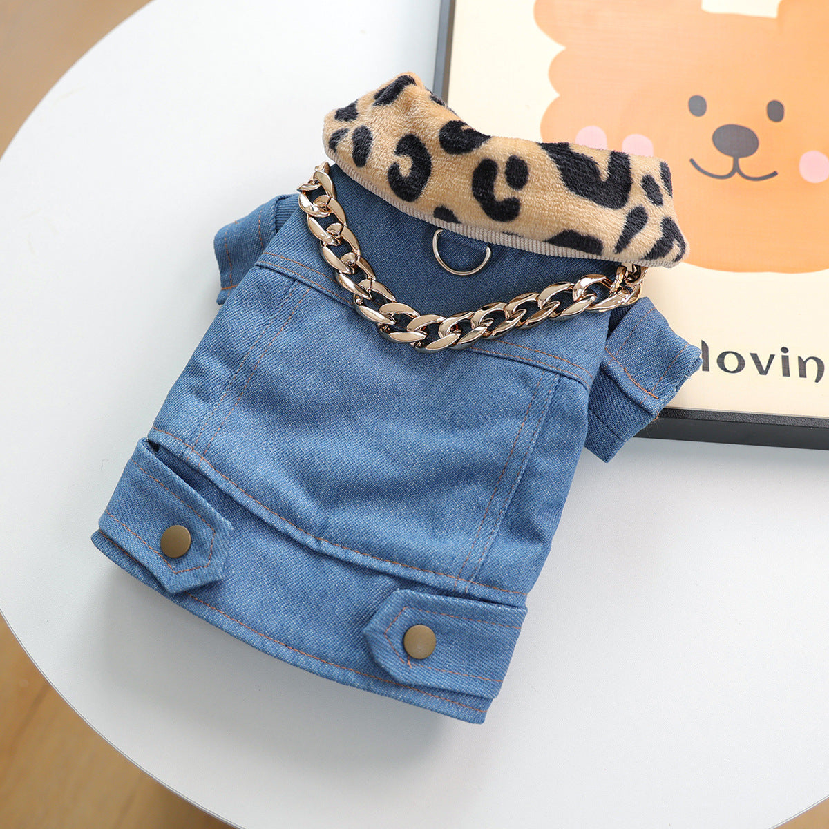 Kumago® Luxe Denim Jacket with Leopard Collar & Gold Chain