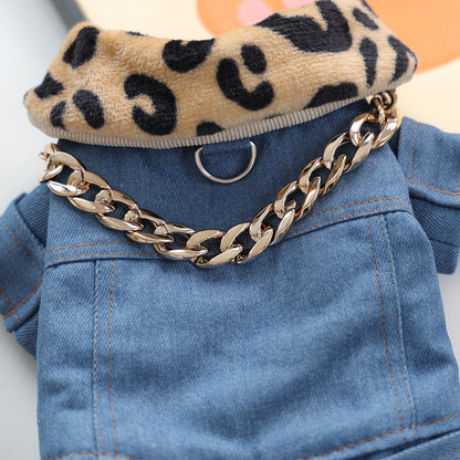 Kumago® Luxe Denim Jacket with Leopard Collar & Gold Chain